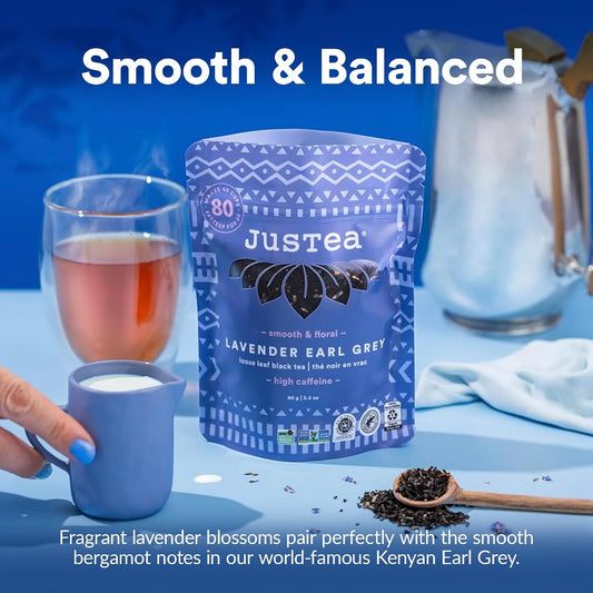 JusTea LAVENDER EARL GREY Loose Leaf Black Tea, 40+ Cup Pouch, 4/5 Caffeine | Fair-Trade LAVENDER EARL GREY Loose Leaf Black Tea. 90g/3.2oz Resealable Pouch. Steeps 40+ cups. 4/5 Caffeine. Organic.