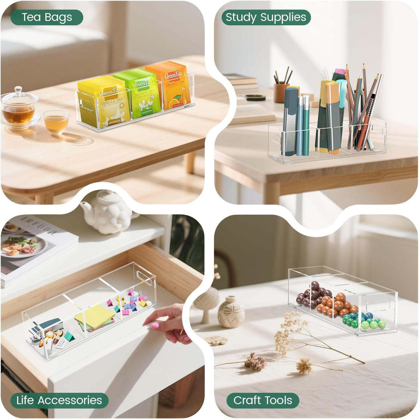 EsLuker.ly Tea Bag Holder Organizer for Counter Small Acrylic Teabag Caddy Storage, 2 Pack Clear Tea Bar Station Accessories with Easy Access for Kitchen Office Countertop Cabinet Drawer