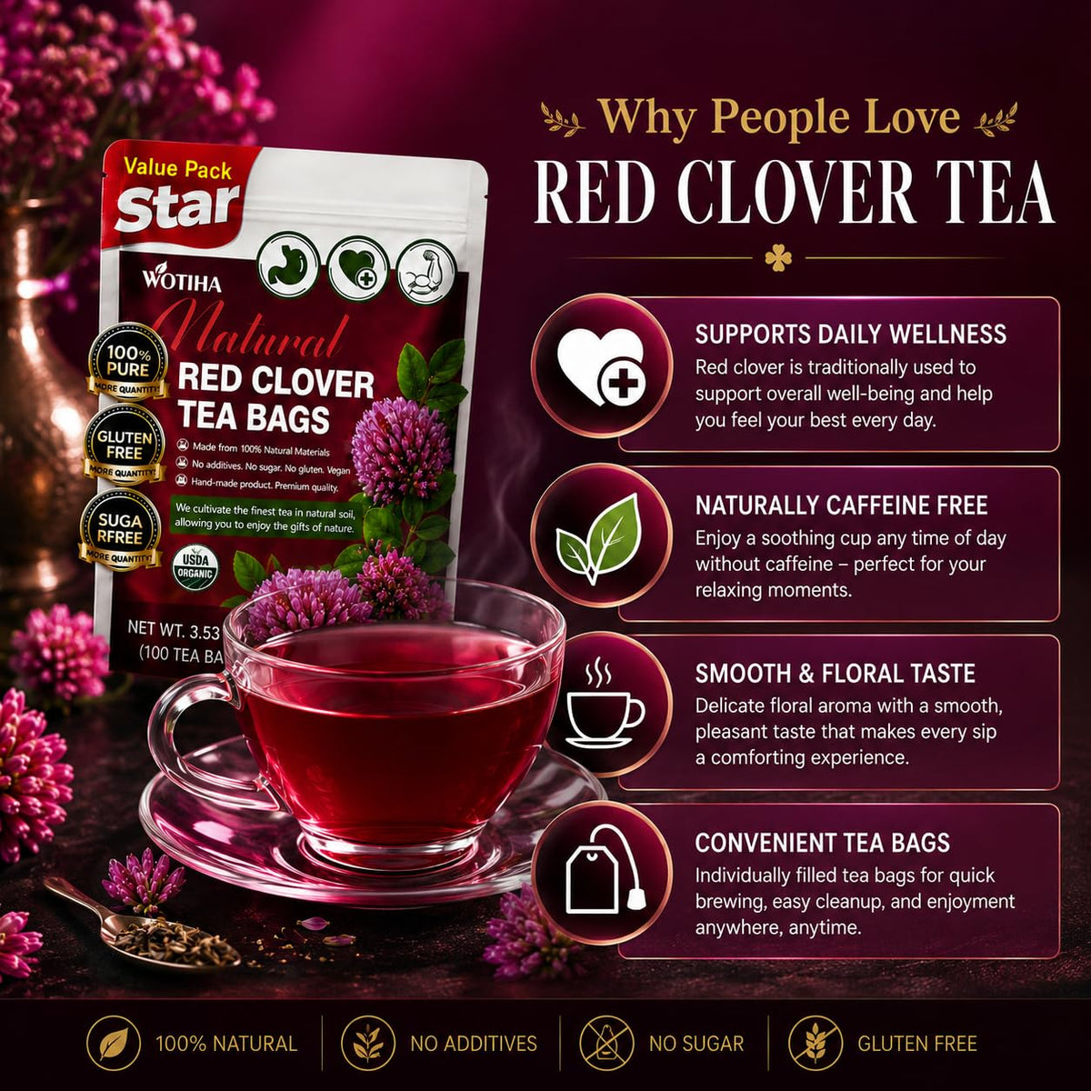 WOTIHA Premium Red Clover Tea Bags, 50 Count – 100% Natural Red Clover Herb, Rich in Antioxidants, Additive-Free