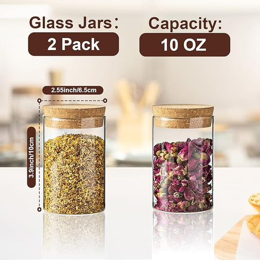 10oz Glass Storage Container - Airtight Glass Jars with Cork Lid, Spice Jars, Candy Jar, Food Storage Jars for Candy, Spices, Coffee, Tea, Nuts (2PCS)