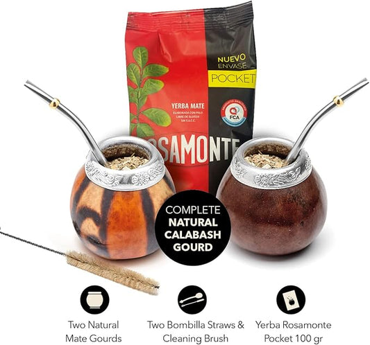 BALIBETOV Yerba Mate Set - 2 Gourds, 100gr Loose Leaf, 2 Bombilla, 1 Cleaning Brush - Dark Brown (MAT02)