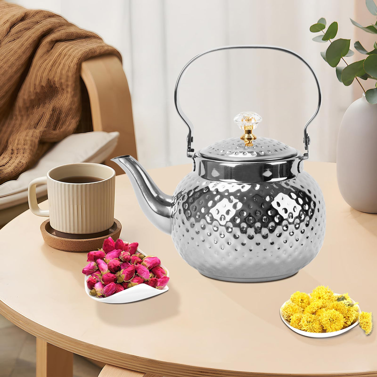 BSDLZCH 1.2L Hammered Tea Kettle Stovetop, Silver Tea Pot with Strainer for Stove