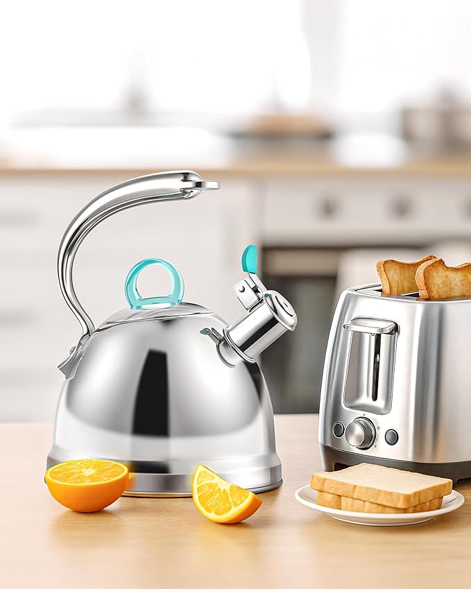 Harriet Tea Kettle Stovetop, 2.5 Quart Whistling Stainless Steel Tea Pot, 3-Layer Base, Unique Ergonomic Handle, Includes Pot Holder & Mat