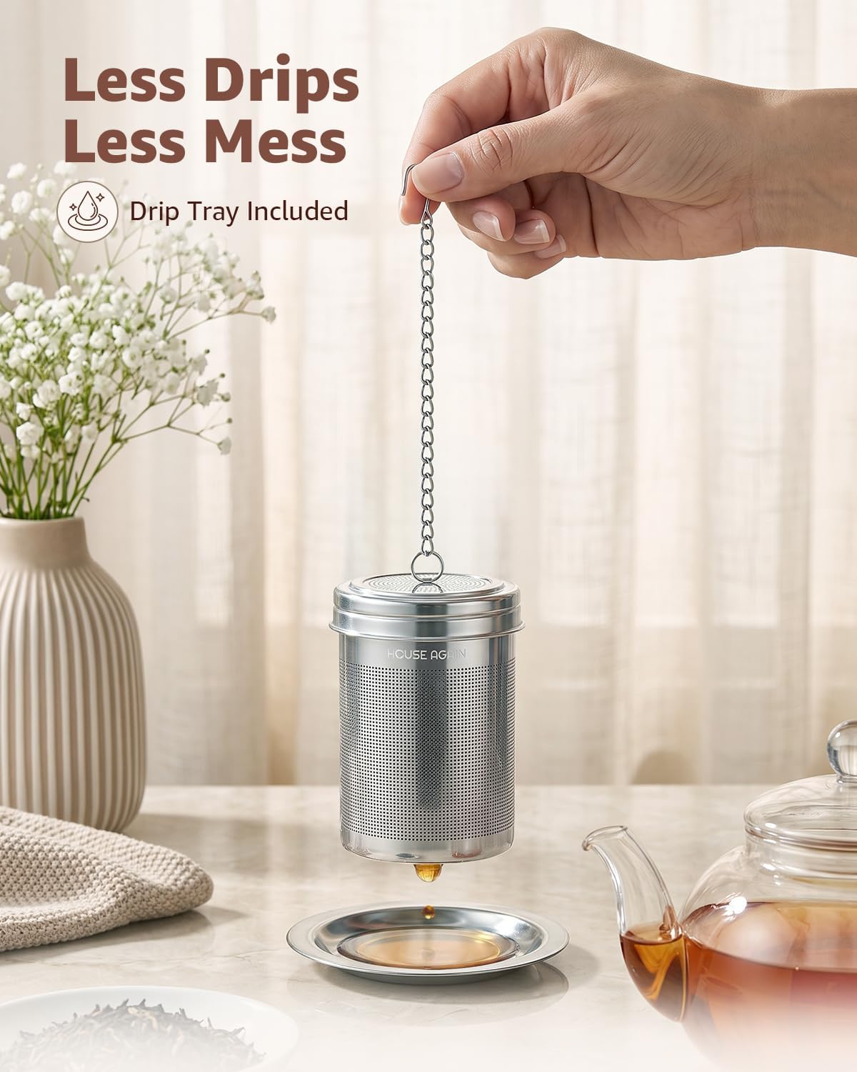 HOUSE AGAIN Tea Infuser, Extra Fine Mesh Tea Infusers for Loose Tea, 18/8 Stainless Steel Tea Strainer with Extended Chain Hook, Tea Steeper for Brew Tea, Spices &amp; Seasonings Small × 2