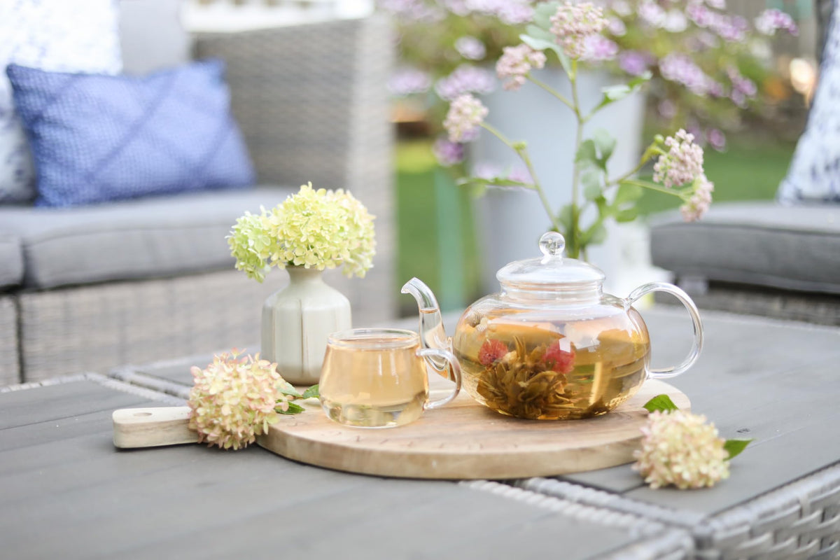 Teabloom Blossoms Glass Teapot – Stovetop and Microwave Safe Borosilicate Glass Teapot with Removable Loose Tea Glass Infuser