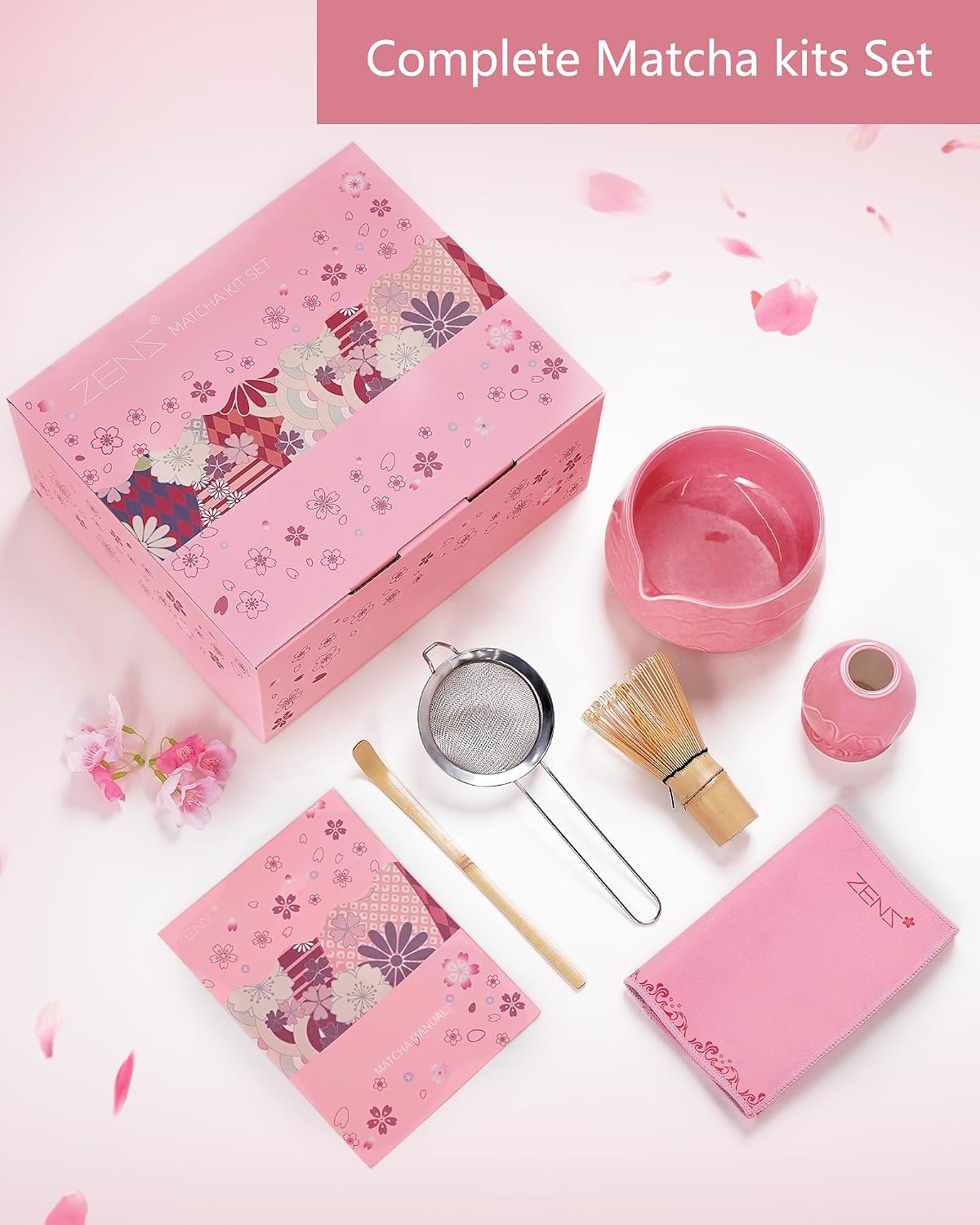 ZENS Premium Matcha Whisk Set, 6pcs Matcha Kit with Matcha Tools, Pink | Matcha Set Icludes Ceramic Bowl, Bamboo Whisk, Chasen Holder, Scoop, 304 Sifter &amp; Tea Mat, Japanese Tea Ceremony