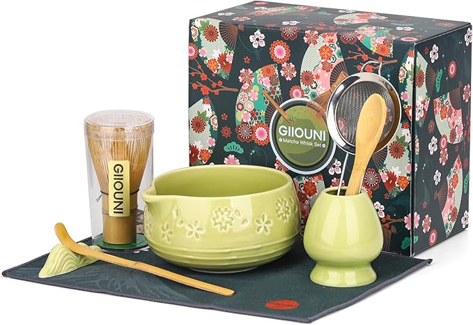 Matcha Whisk Set, Ceramic Bowl with Spout, Bamboo Matcha Whisk & Spoon, Chasen Holder, Scoop Rest, Sifter, 8-Pcs Japanese Matcha Powder Kit–Gift for Ceremony & Matcha Lovers-Matcha Green