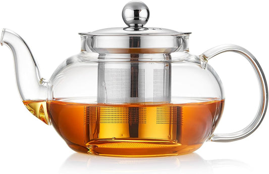 DOPUDO Glass Teapot with Infuser, 20 oz Borosilicate Tea Kettle | Clear borosilicate glass with removable 18/8 steel infuser for stovetop brewing of loose-leaf, herbal, and blooming tea.