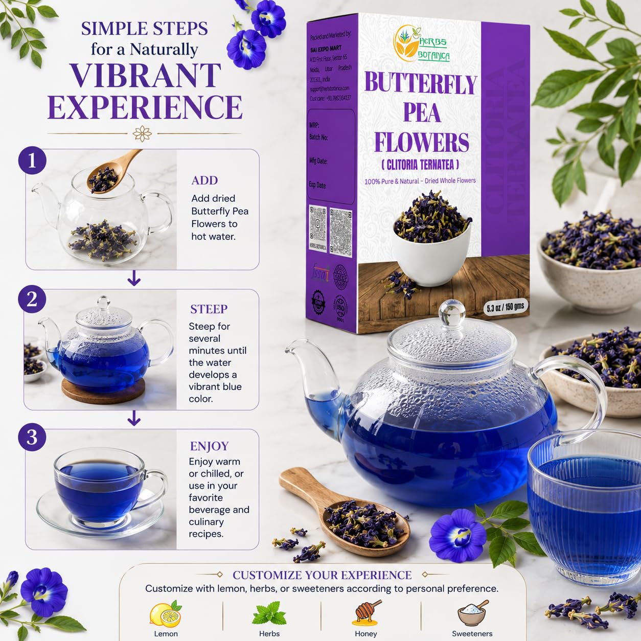 Herbs Botanica Dried Butterfly Pea Flowers – 5.3 oz (150g) – Natural Blue Food Coloring for Tea, Lattes, Cocktails &amp; Baking – Whole Blue Pea Flower (Clitoria Ternatea) – Caffeine Free, Non-GMO &amp; Vegan