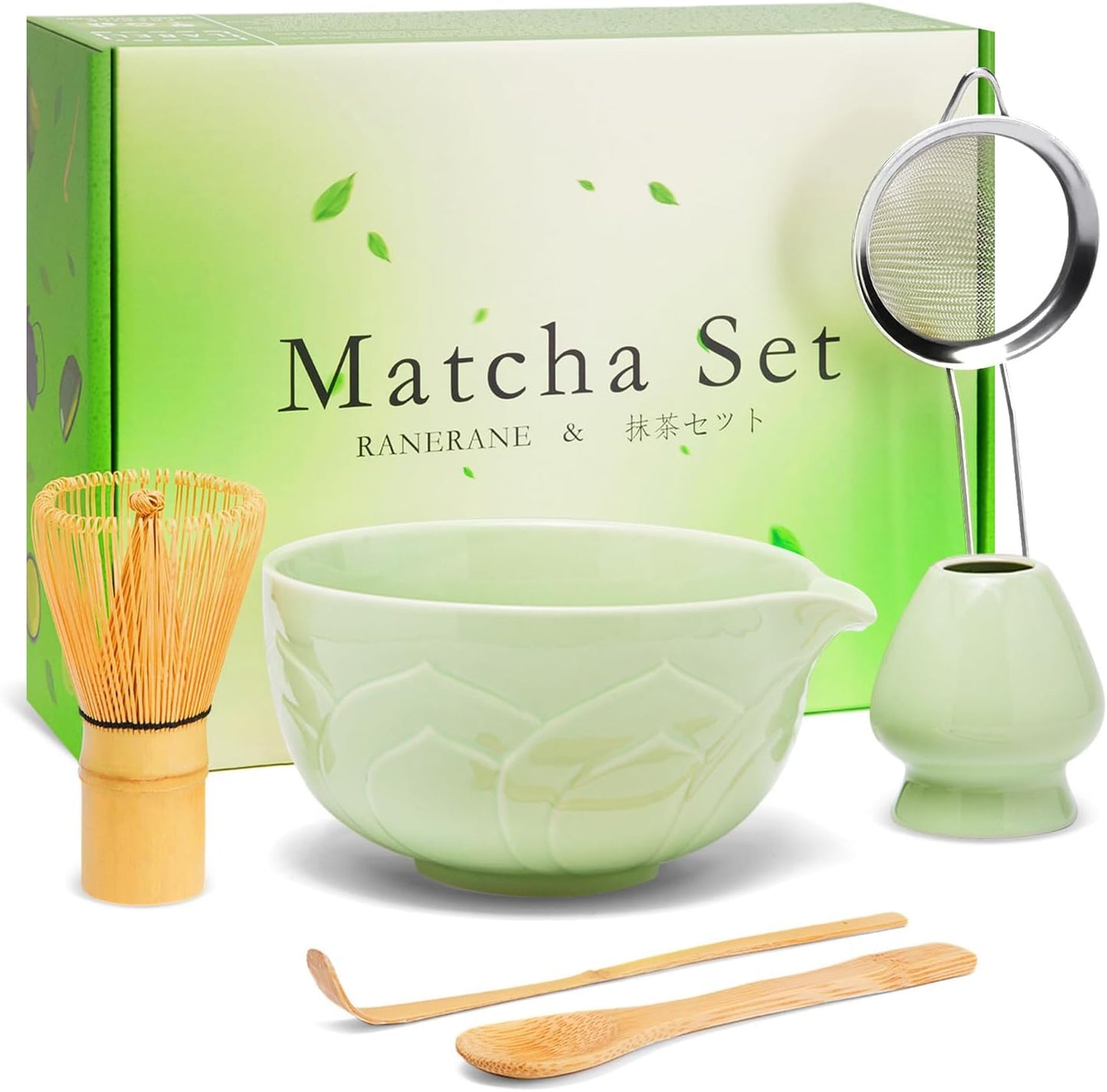 Matcha Whisk Set, Lotus Green Ceramic Matcha Set Includes Matcha Bowl, Matcha Whisk (Chasen) and Holder, Sifter, Bamboo Scoop &amp; Spoon - 6 Pcs Matcha Kit for Matcha Lovers