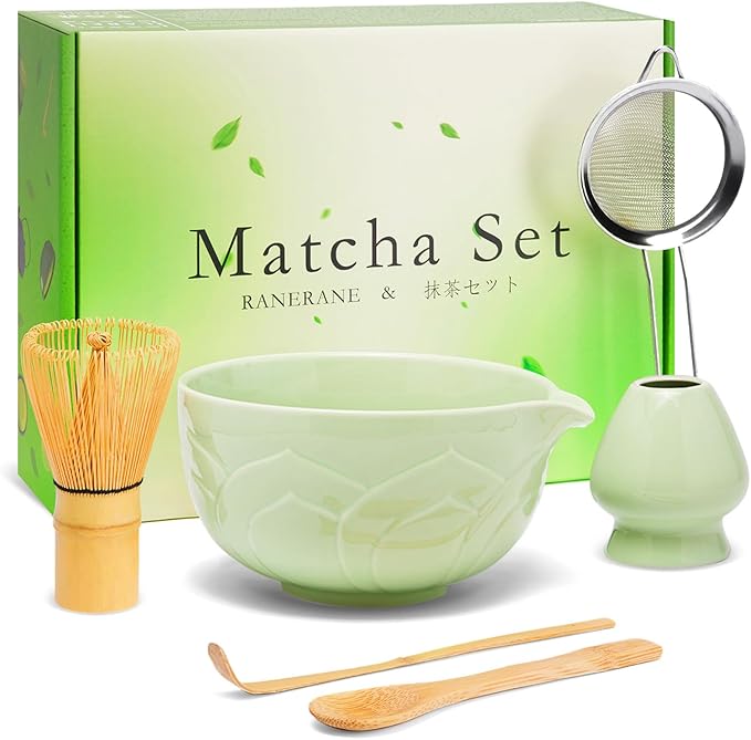 Matcha Whisk Set, Lotus Green Ceramic Matcha Set Includes Matcha Bowl, Matcha Whisk (Chasen) and Hol