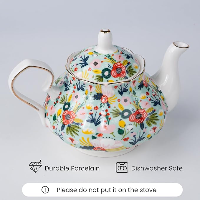 33.8 oz Porcelain Tea Pot Luxury Gold Trim Floral Ceramic Teapot Waterpot Tea Maker for Blooming Loose Leaf Tea Coffee Milk Chrismas Women Gift Housewarming Home Kitchen Décor (Mint)
