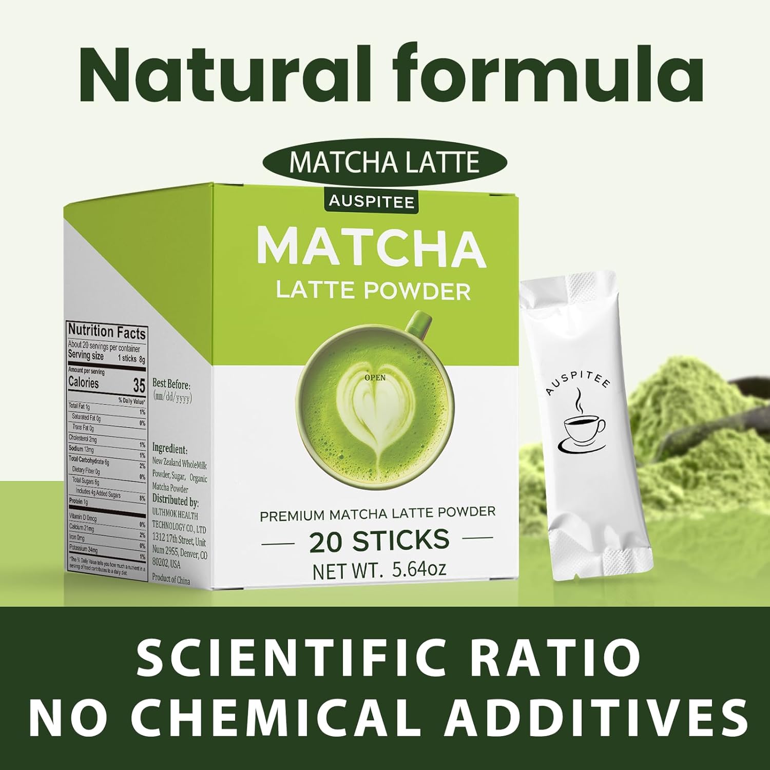 Matcha Latte Green Tea Powder Single Pack, Premium Barista Science Blend - Individual Matcha Bags (20)