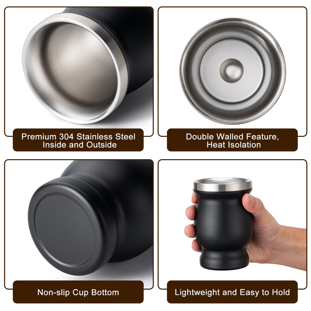 Husfunov 8oz Yerba Mate Cup, 304 Stainless Steel Double-Wall Mate Cup