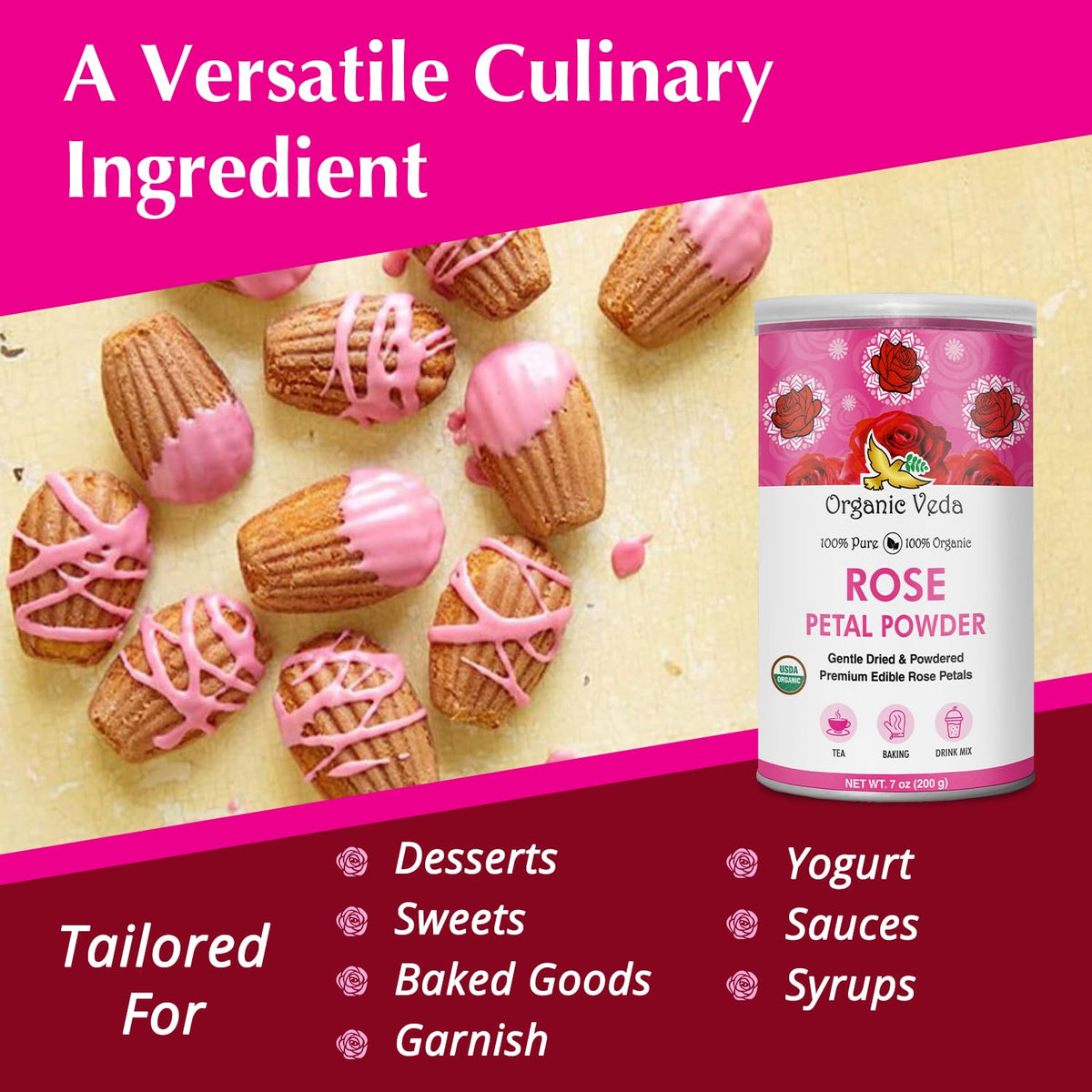 Organic Veda Rose Petals Powder - USDA Organic Edible Dried Rose Petals for Tea, Baking, Drink Mix, DIY Beauty Skin Care, Hair &amp; Face Mask - 100% Pure Rose Powder for Culinary &amp; Aromatherapy, 7 oz