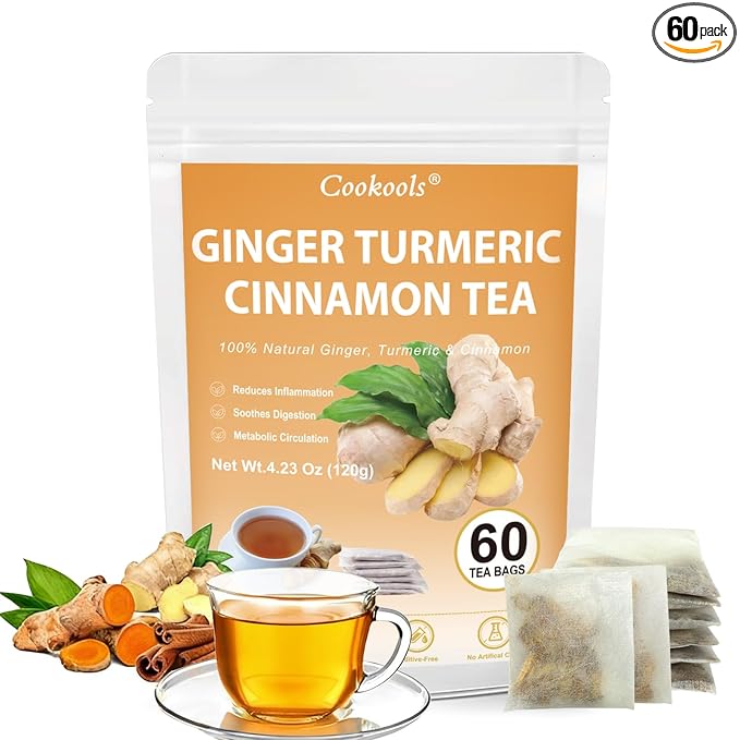Ginger Turmeric Tea 2g x 60 Teabags | 100% Golden Blend for Wellness | Powerful Antioxidant & Natural Digestion Metabolism Support | Warming, Caffeine-Free Herbal Tea