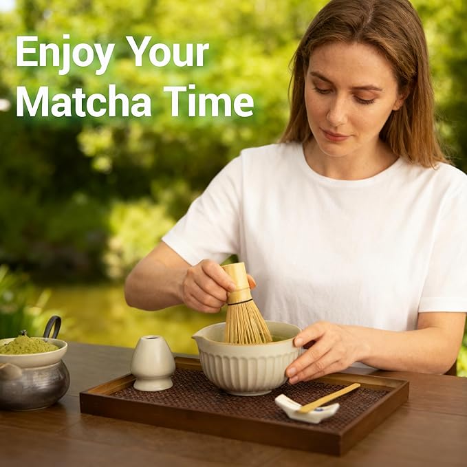 Matcha Whisk Set, Japanese Tea Ceremony Kit, 18oz Spout Bowl, Bamboo Whisk Scoop, Ceramic Holder Sifter Towel,7 pcs Matcha Tea Kit for Matcha Lovers