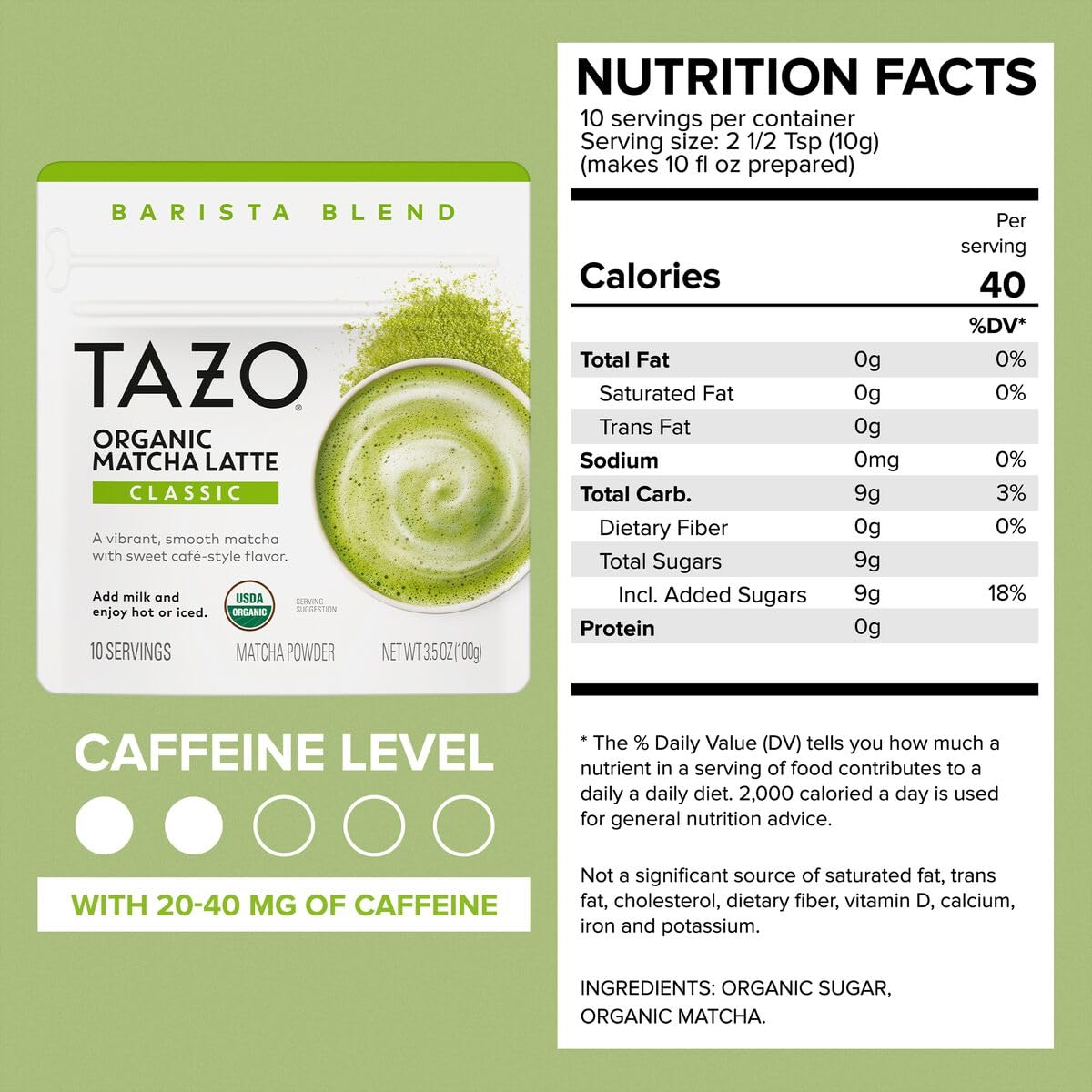 TAZO Organic Matcha Latte Powder, Sweetened,10 Servings, 3.5 oz