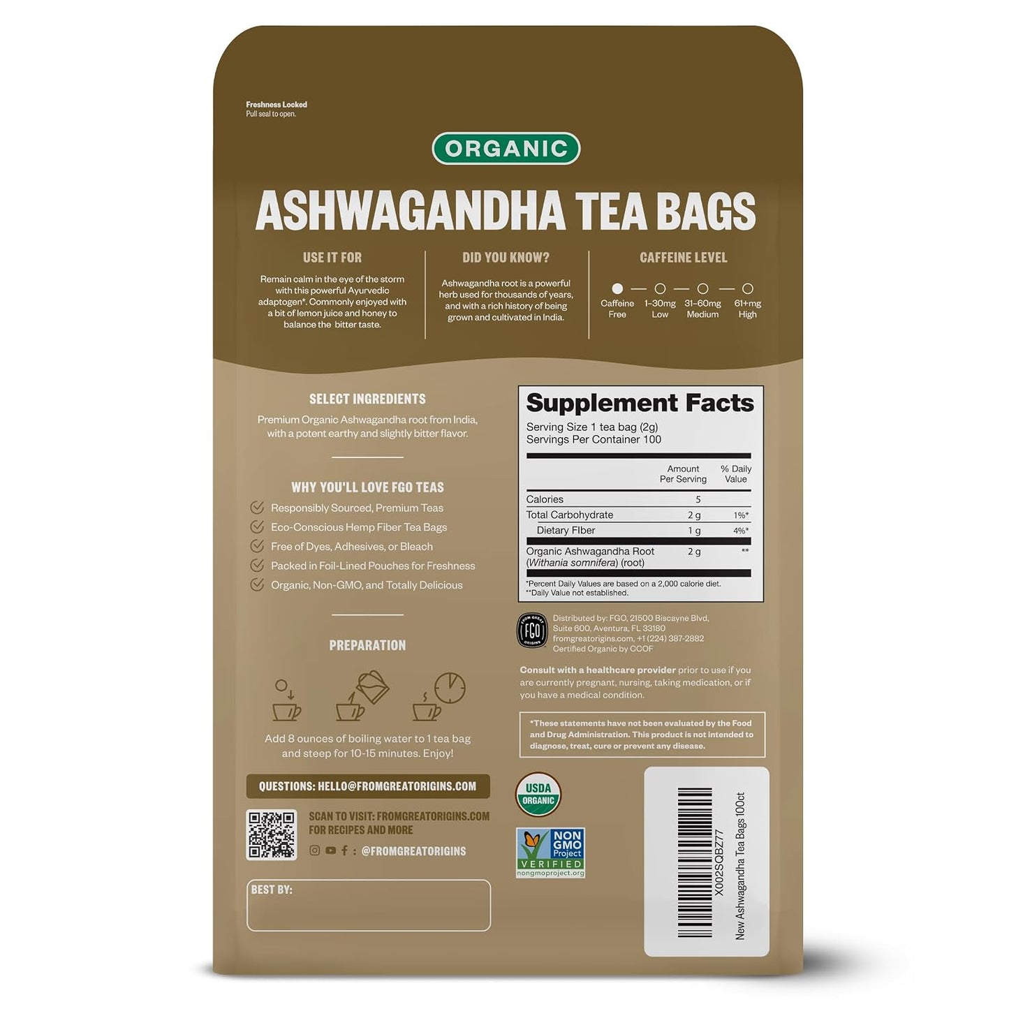 FGO Organic Ashwagandha Tea, 100 Count, Eco-Conscious Tea Bags, Resealable Bag, Packaging May Vary (Pack of 1)