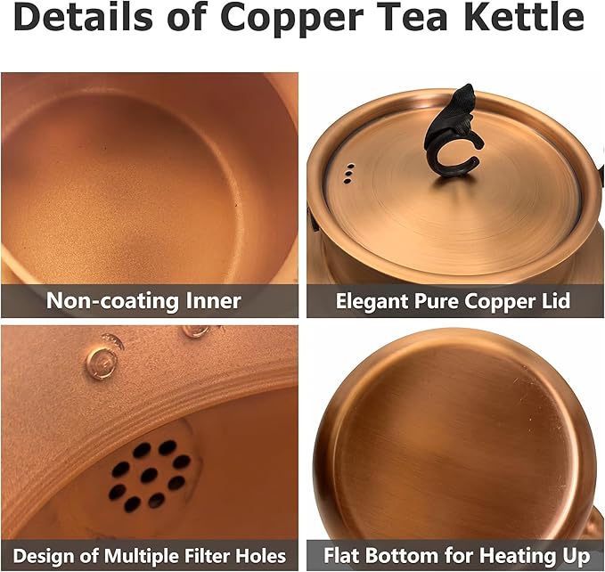 YJX Pure Copper Tea Kettle For Stovetop, Chinese Style Non-Coating Teapot with Stainless Steel Tea Ball For Loose Tea, Solid Tea Pot (1600ml)