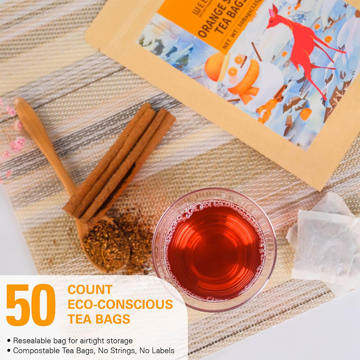 WT WEETEE Orange Spice Herbal Tea Bags 50count, Caffeine-free w/o Black Tea