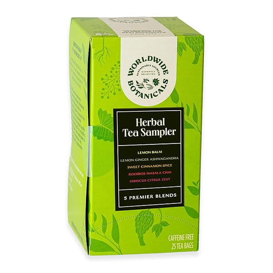 Worldwide Botanicals Herbal Tea Sampler, 5 Teas Variety Pack- Lemon Balm, Lemon Ginger Ashwagandha, Hibiscus Citrus Zest, Sweet Cinnamon Spice & Rooibos Masala Chai – 25 Teabags