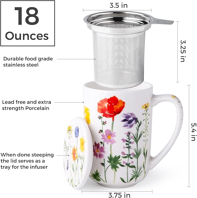 AmorArc Porcelain Tea Mug with Infuser and Lids, 18 Oz Coffee Cup Strainer with Bag Holder for Loose Leaf Tea