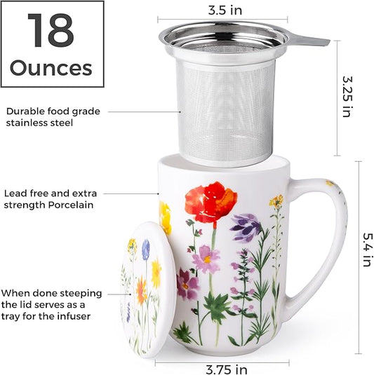 AmorArc Porcelain Tea Mug with Infuser and Lids, 18 Oz Coffee Cup Strainer with Bag Holder for Loose Leaf Tea