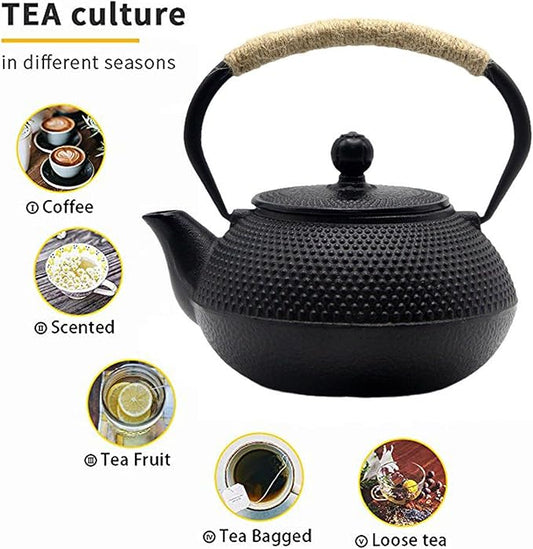 30.4oz Small Cast Iron Teapot Set with Candle Warmer, Japanese Tea Kettle for Stovetop Safe, Black Teapot and Tea Cup Set, Tea Pot with Strainer for Loose Leaf(900ml)