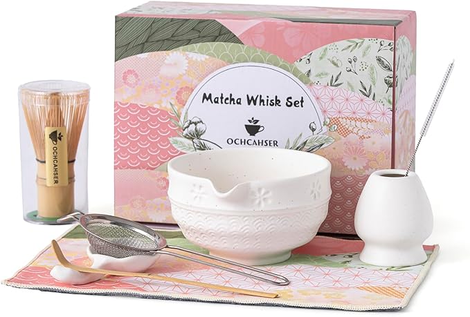 Matcha Tea Set, 8 Pcs Japanese Matcha Kit with Cherry Blossom and Wave Design Ceramic Bowl, Bamboo W