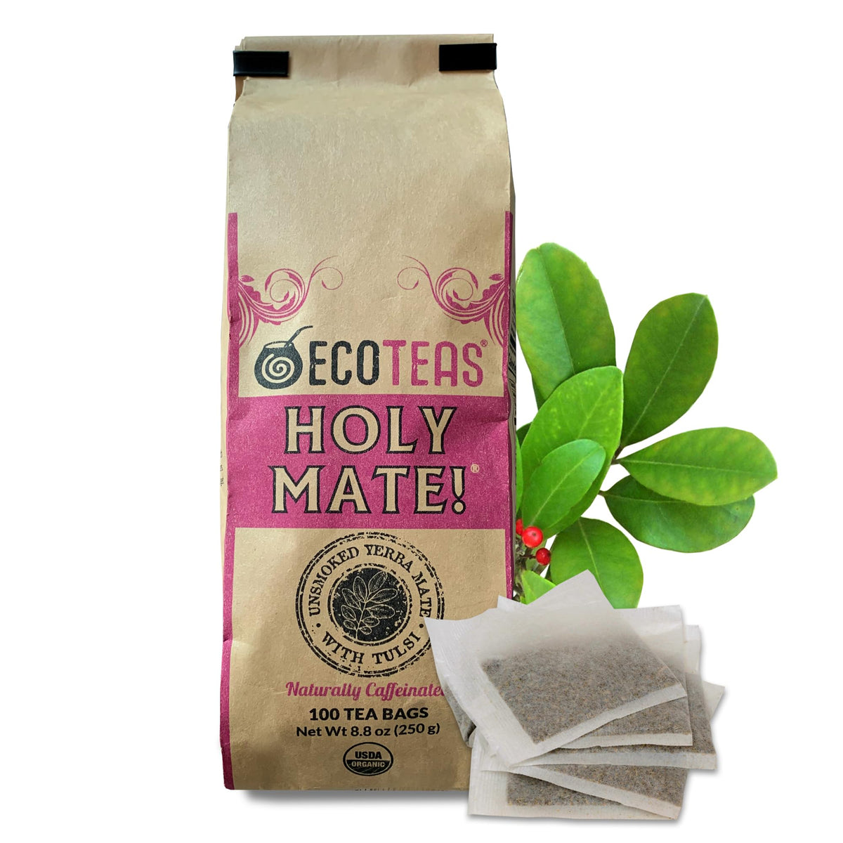 ECOTEAS Holy Mate! Organic Yerba Mate Tea Bags with Tulsi & Mint 100 Count