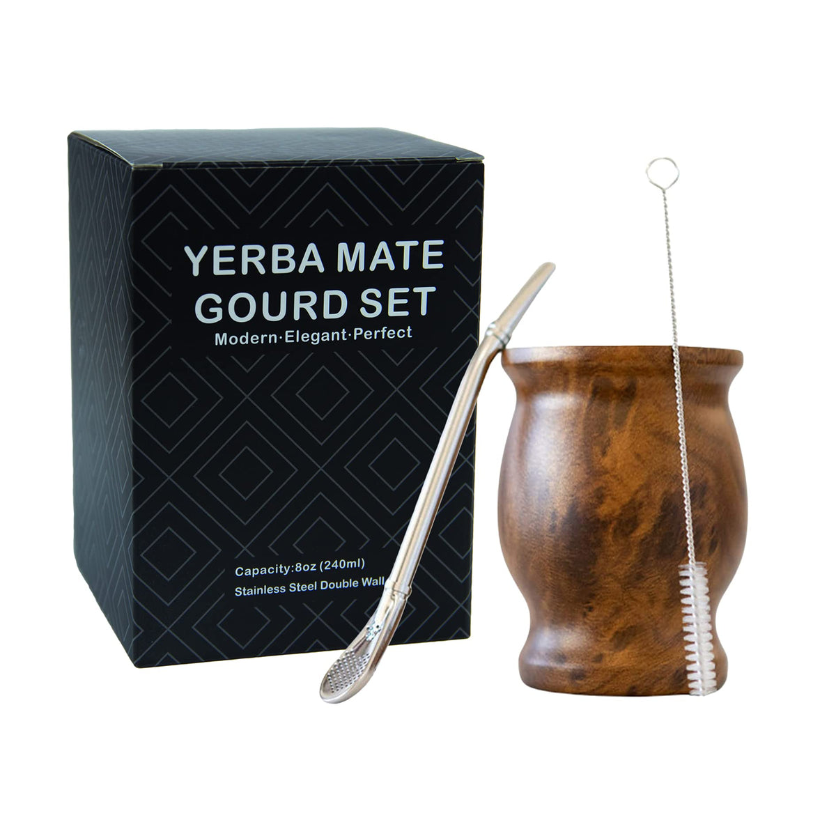 LA FEE Yerba Mate Natural Gourd/Tea Cup Set Brown (Original Traditional Mate Cup - 8 Ounces)，Includes Yerba Mate Straw &