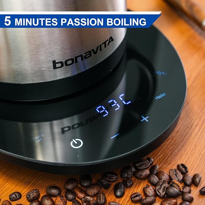 Bonavita Cosmopolitan 1.0L Gooseneck Electric Kettle, Stainless Steel Water Boiler for Coffee Brew and Tea Precise Pour Control, 6 Preset Temps, Glass Touch Panel, 1200W Fast Boil, Stainless Steel