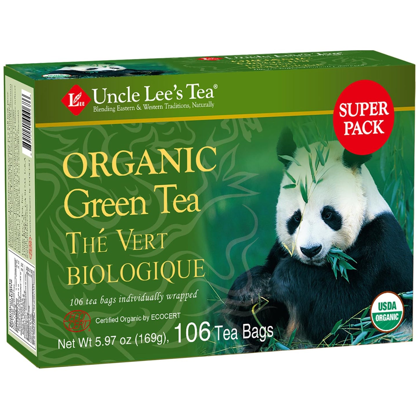 Uncle Lee's Organic Green Tea Bags, 106-Count Super Pack – Bright & Refreshing, Lightly Caffeinated Bulk Tea for Home, Office, Camping