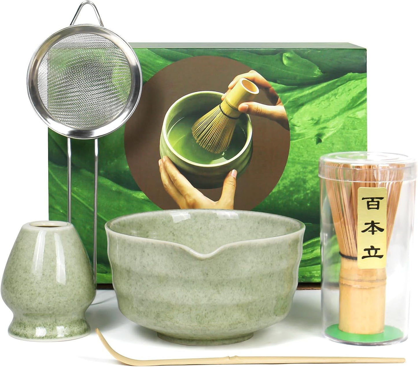 Matcha Whisk Set - Premium Complete Ceremonial Grade Matcha Set with Bamboo Whisk, Matcha Bowl with Spout, Scoop, Sifter &amp; Holder - Authentic Japanese Tea Kit for Traditional Tea Preparation
