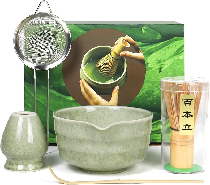 Matcha Whisk Set - Premium Complete Ceremonial Grade Matcha Set with Bamboo Whisk, Matcha Bowl with Spout, Scoop, Sifter & Holder