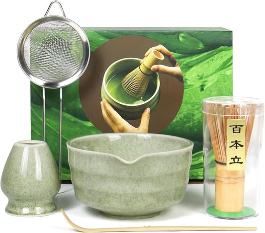 Matcha Whisk Set - Premium Complete Ceremonial Grade Matcha Set with Bamboo Whisk, Matcha Bowl with Spout, Scoop, Sifter & Holder