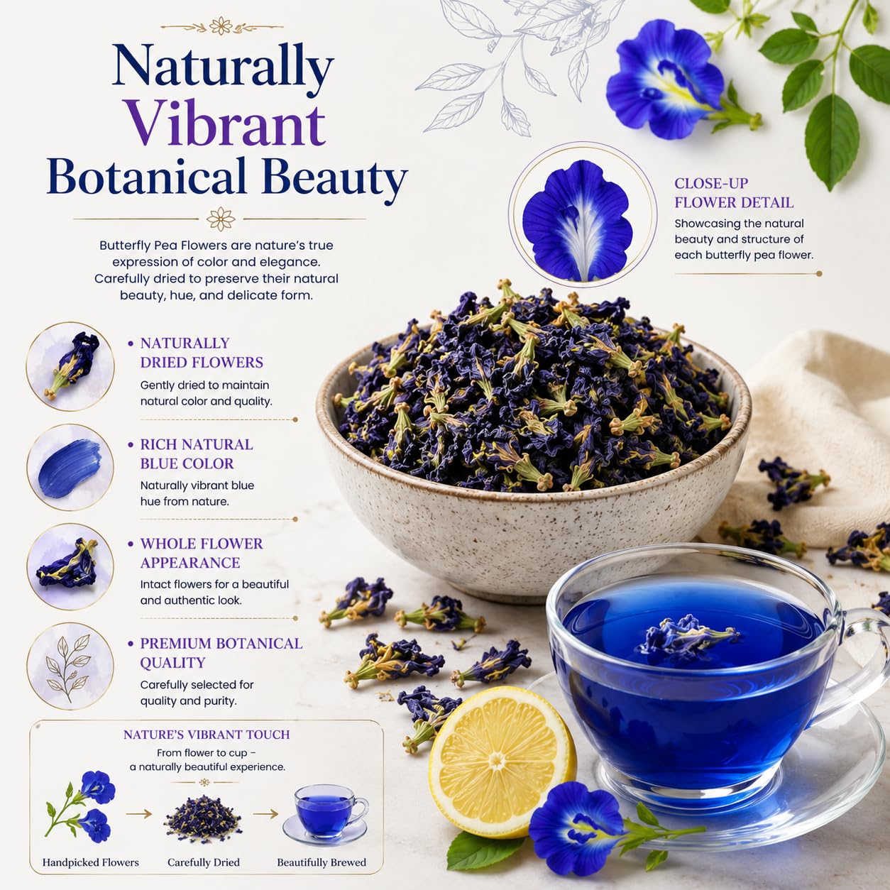 Herbs Botanica Dried Butterfly Pea Flowers – 5.3 oz (150g) – Natural Blue Food Coloring for Tea, Lattes, Cocktails &amp; Baking – Whole Blue Pea Flower (Clitoria Ternatea) – Caffeine Free, Non-GMO &amp; Vegan