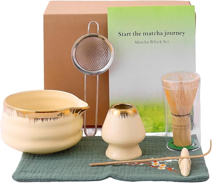 7-Piece Matcha Whisk Set – Yellow Spouted Ceramic Bowl with Golden Texture + Bamboo Whisk, Ceremonial Matcha Kit for Breakfast/Latte
