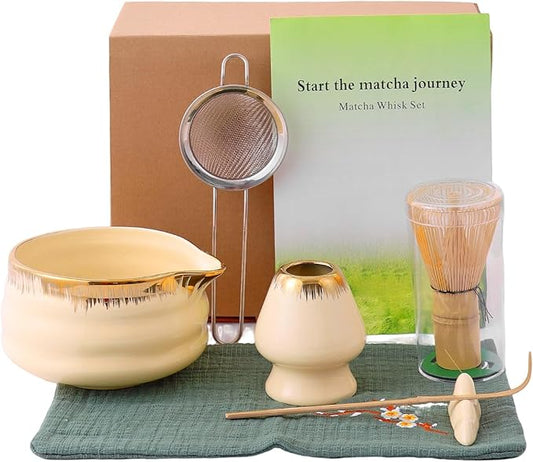 7-Piece Matcha Whisk Set – Yellow Spouted Ceramic Bowl with Golden Texture + Bamboo Whisk, Ceremonial Matcha Kit for Breakfast/Latte