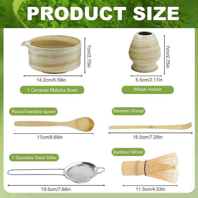 Matcha Whisk Set, 6 PCS Tools, Includes Ceramic Matcha Bowl, Whisk and Holder, 2PCS Bamboo Scoops, Sifter, Great Gift for Festivals