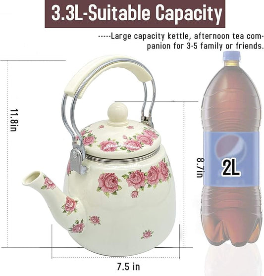 Enamel Teapot floral,Large Porcelain Enameled Teakettle,Colorful Hot Water Tea Kettle pot for Stovetop,Small Retro Classic Design (3.3L, style3)
