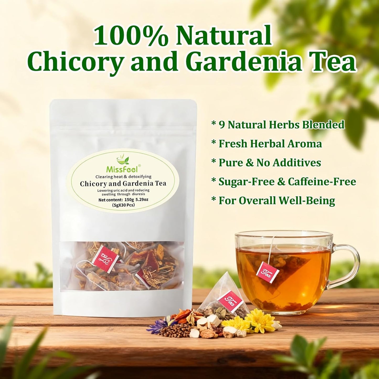 Chicory and Gardenia Tea, Liver and Kidney Detox, Nine Organic Herbal Ingredients, Sugar &amp; Caffeine Free Chinese Herbal Tea with Chicory, Gardenia, Dandelion Root for Wellness 300g (5g*60 Packs）