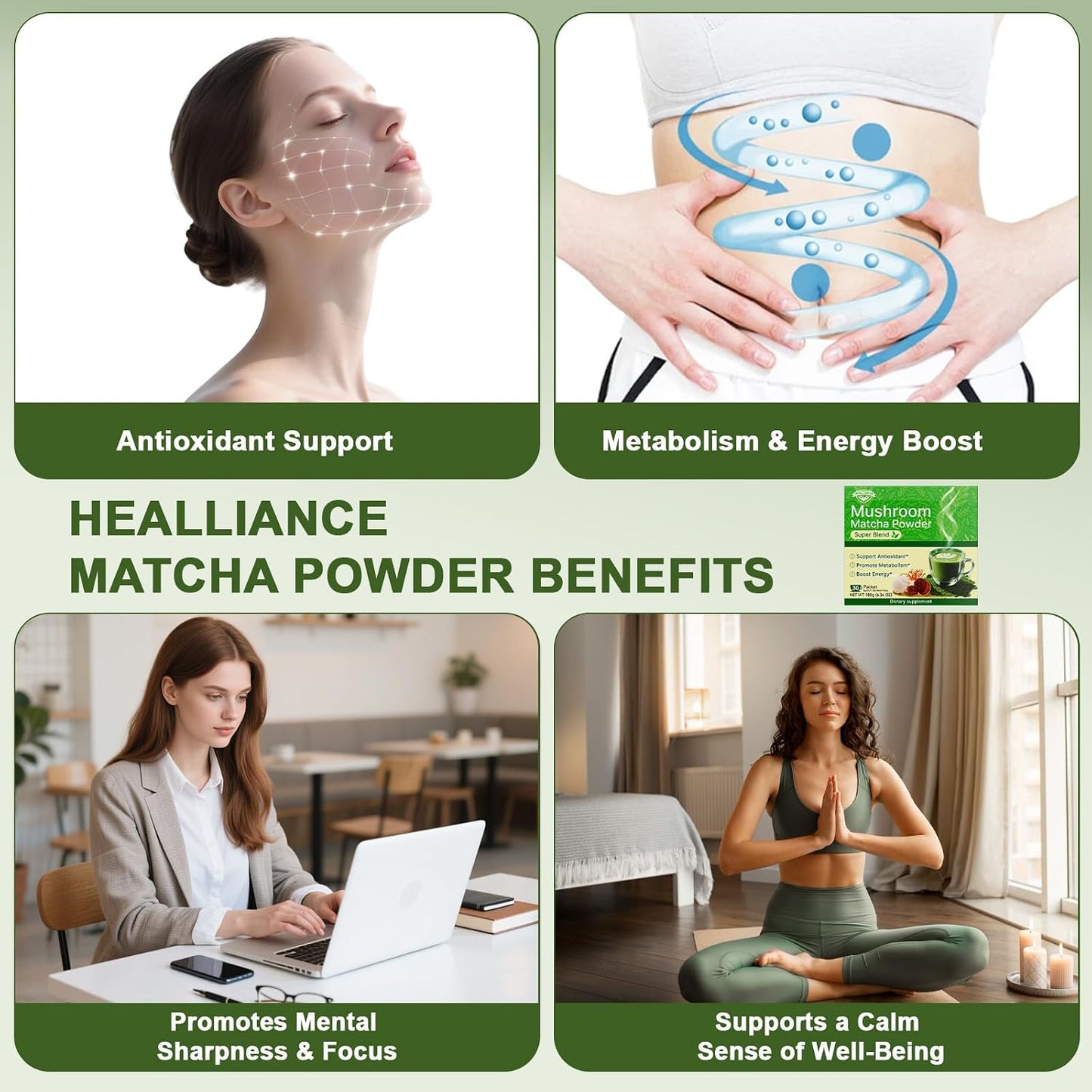 Matcha Powder Single Serving Sticks - Healliance Ceremonial Grade Matcha Powder with Lion's Mane and Ashwagandha for Calm Focus and Antioxidant Support (30 Packets)