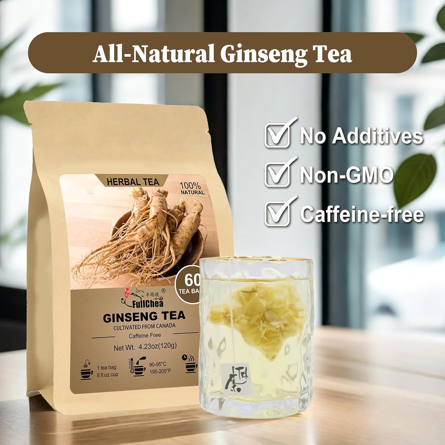 FullChea - Ginseng Tea Bags, 60 Count, Pure Ginseng Root Herbal Tea