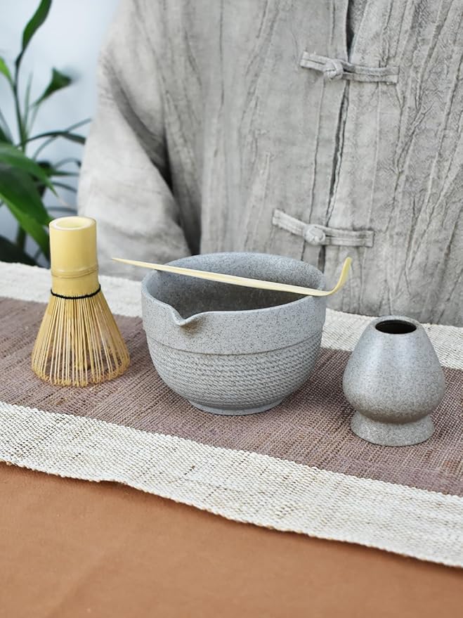 Matcha Tea Set – 4 Piece Traditional Japanese Matcha Kit with Pouring Spout Bowl, Whisk, Holder, Scoop & Guide