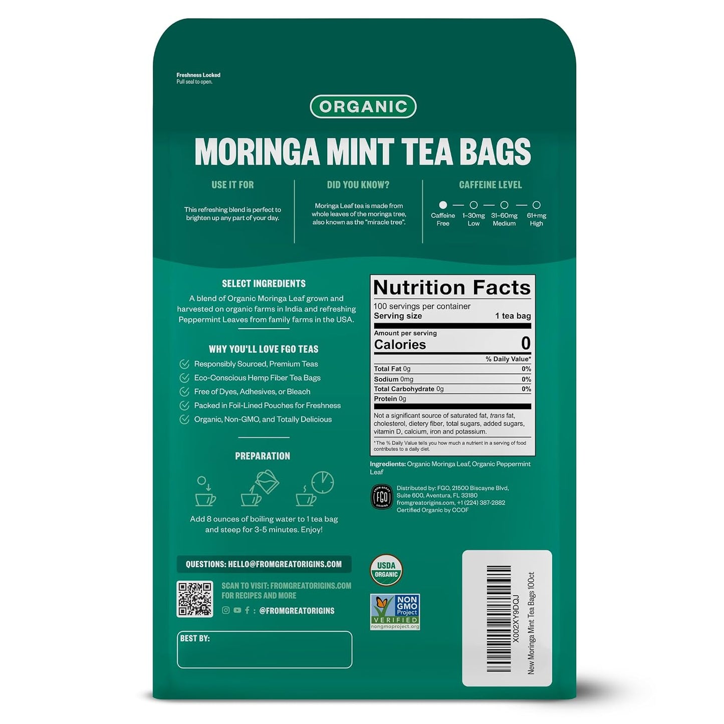 FGO Organic Moringa Mint Tea, 100 Count, Eco-Conscious Herbal Tea Bags, Resealable Bag, Caffeine Free, Packaging May Vary (Pack of 1)