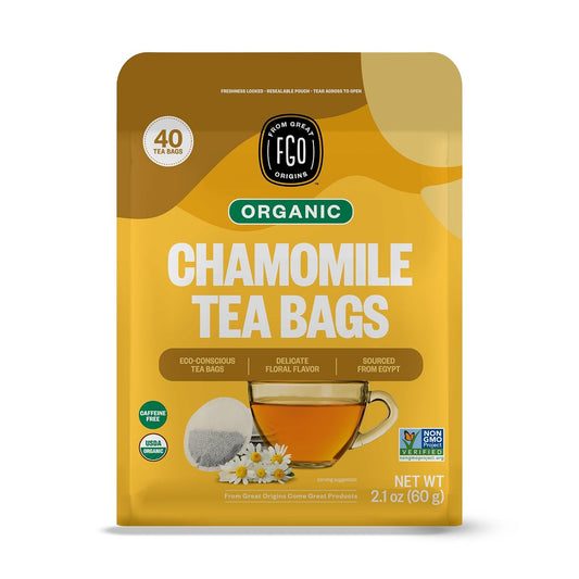 FGO Organic Chamomile Tea, 40 Count, Eco-Conscious Tea Bags, Resealable Bag (Pack of 1)