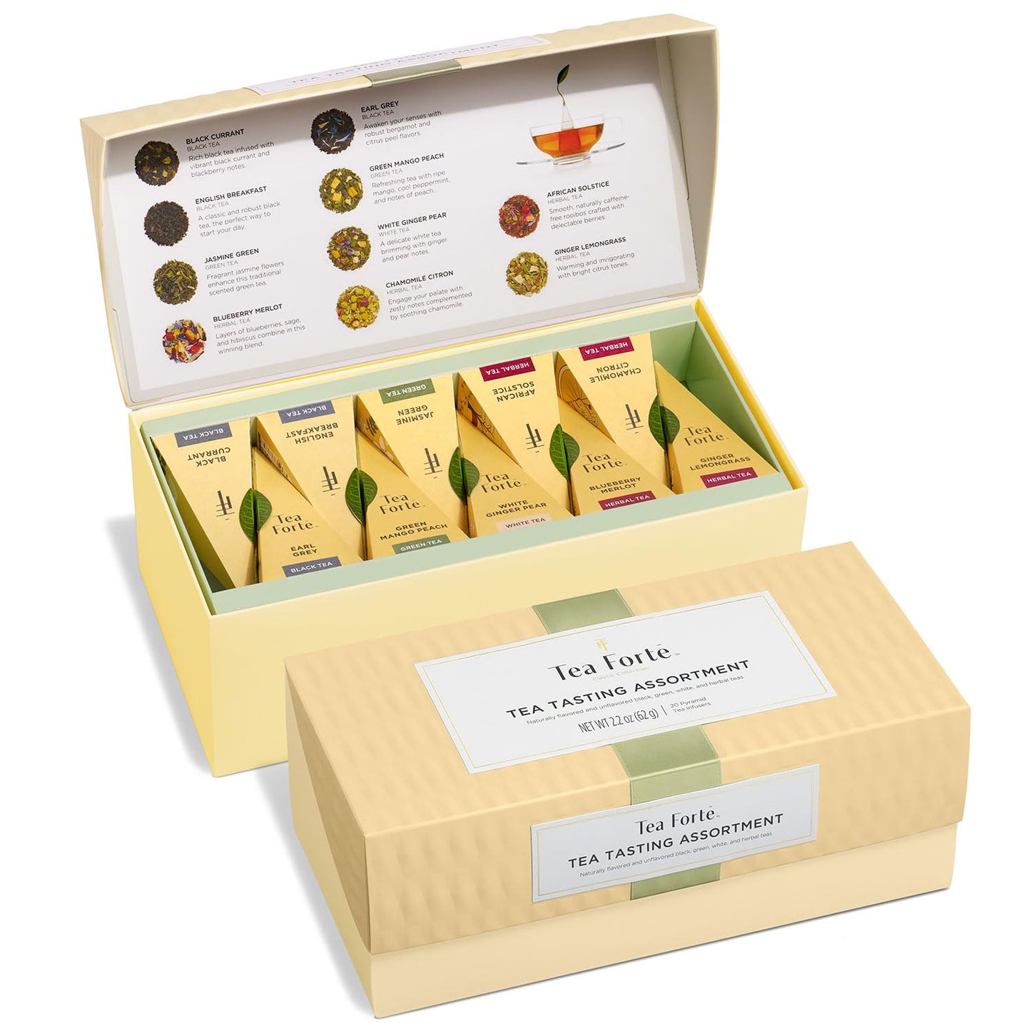 Tea Forte Tea Sampler, 20 Pyramid Infuser Bags, Premium Tea Gift Set | Assorted Tea Presentation Box, 2 of Each Blend, Individually Wrapped, Giftable Presentation Box for Tea Lovers