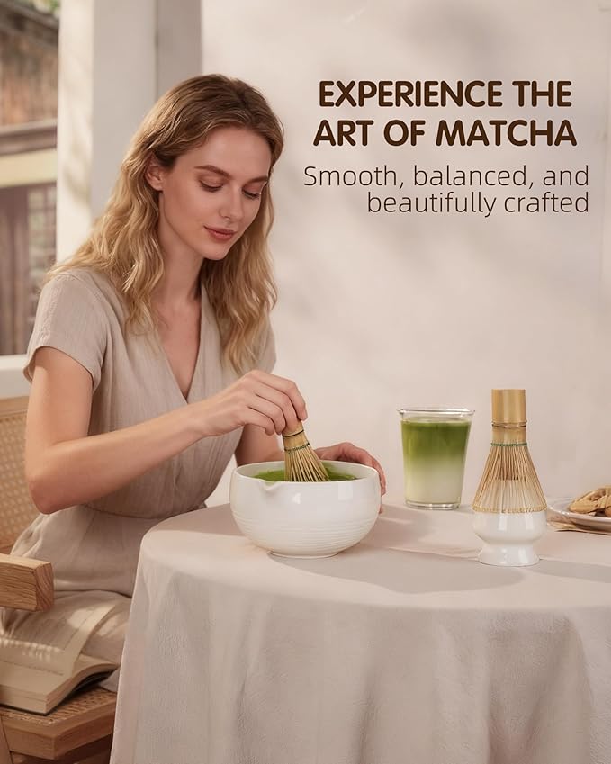 ZENS Matcha Whisk Set, 6pcs Matcha Kit Includes Ceramic Bowl, Handcrafted Bamboo Whisk and Chasen Holder, Scoop, 304 Sifter & Tea Mat，Matcha Set for Tea Ceremony,Latte Making, White
